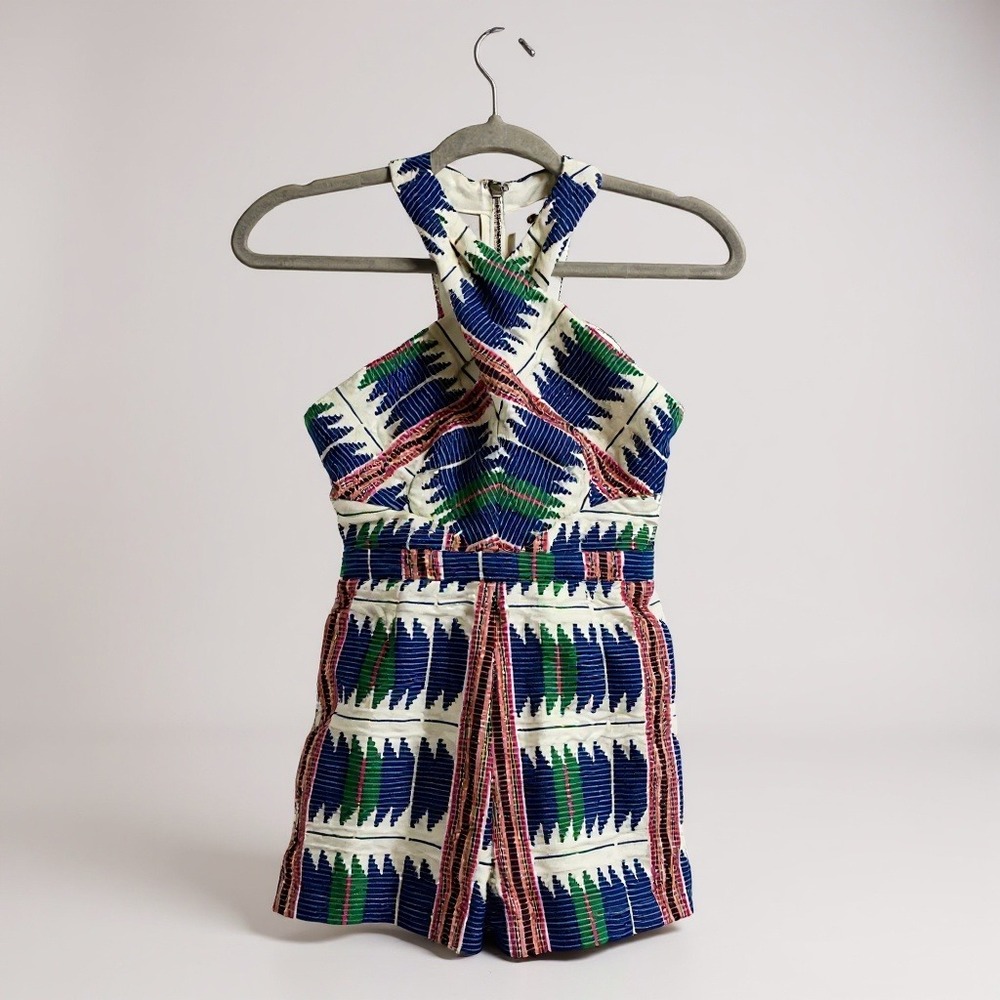 Adelyn Rae Romper Halter Geometric Blue White Cutout XS Boho Summer Chic